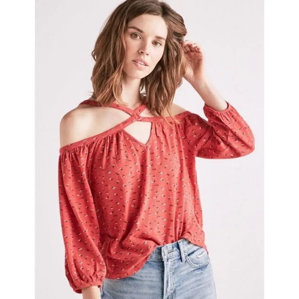 Lucky Brand Coral Cold-Shoulder Cross-Strap Blouse